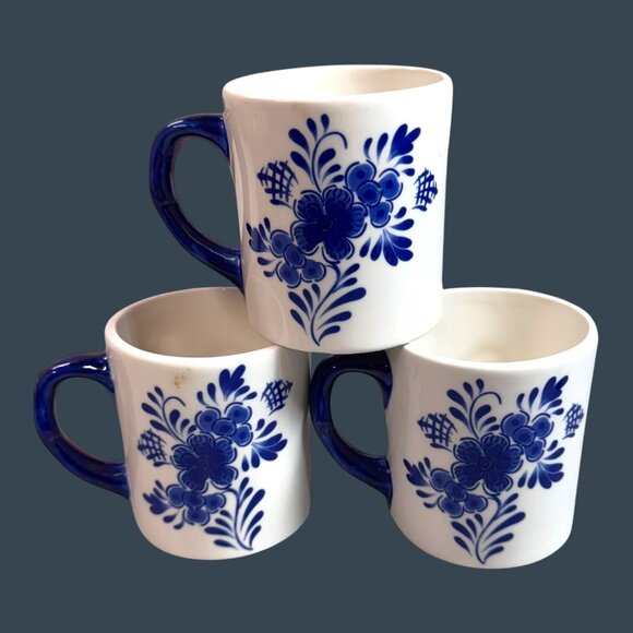 Vintage Handpainted Delft Blue 3D Tulip Floral Design Ceramic Coffee Mug Set 3 - Picture 1 of 11